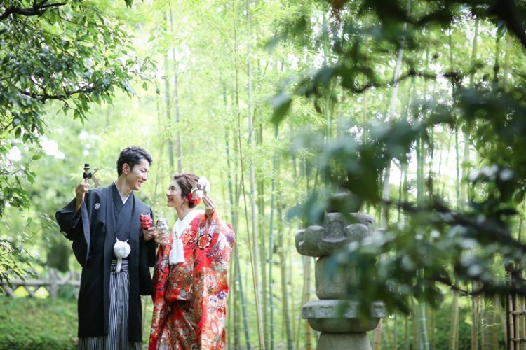 桐蔭茶席の人気竹林の前で撮影したロケーションフォト