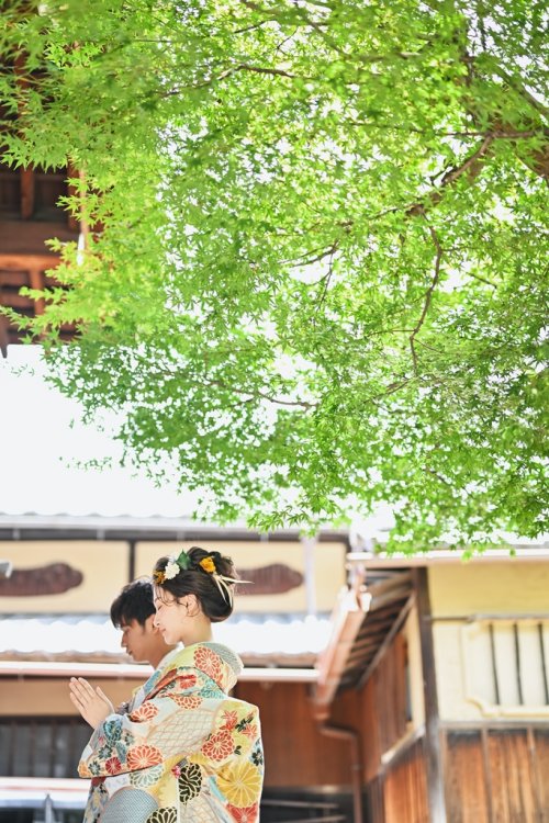 緑を背景に前撮り