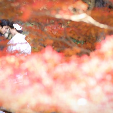 紅葉の中でおでこを合わせる新郎新婦