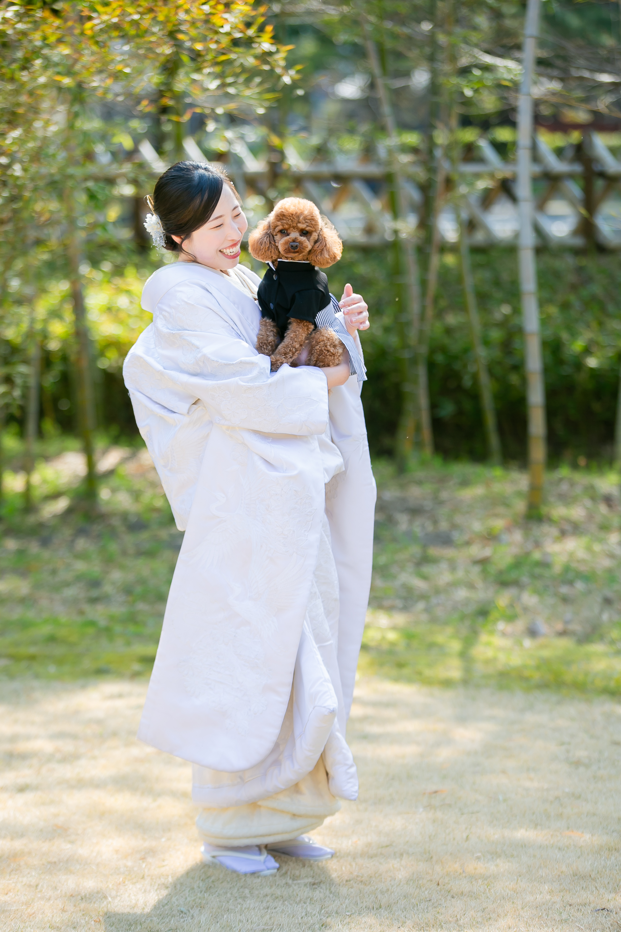 屋外ロケーションでリラックスして撮影を楽しむ新郎新婦と愛犬