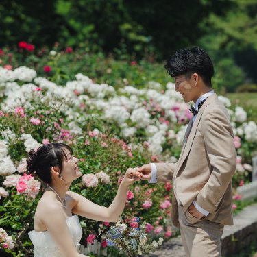白とピンクのバラ園で、座る花嫁の手を取るベージュのタキシードの新郎。ロマンチックな前撮り